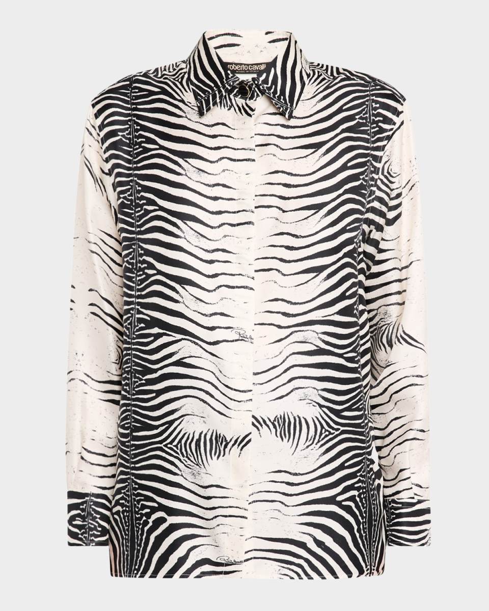 Zebra-Print Button-Down Silk Shirt